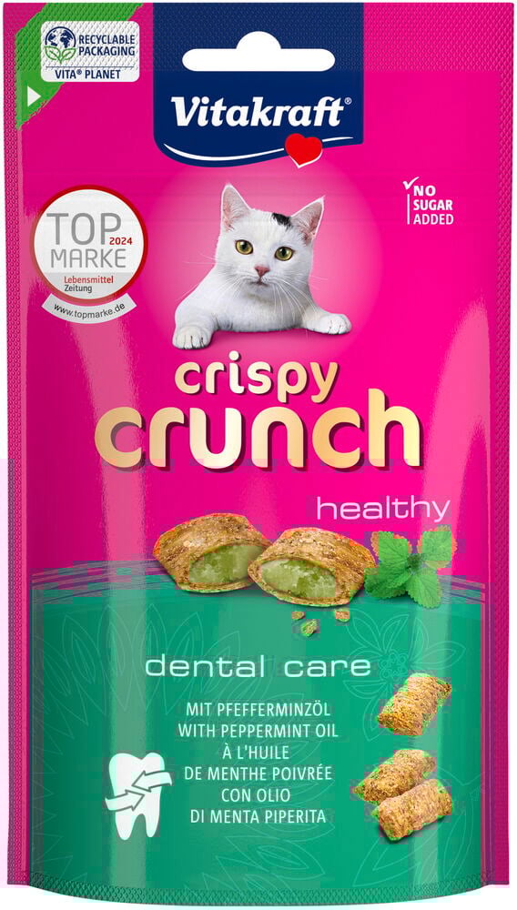 Rosa påse kattgodis med bild på vit katt.