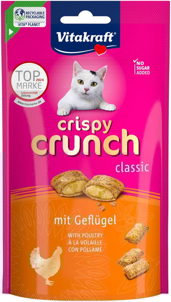 Rosa förpackning kattgodis med kycklingsmak från Vitakraft.