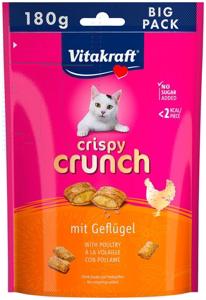 Rosa 180g Vitakraft Crispy Crunch kattgodis påse med kyckling, en vit katt och krispiga bitar.