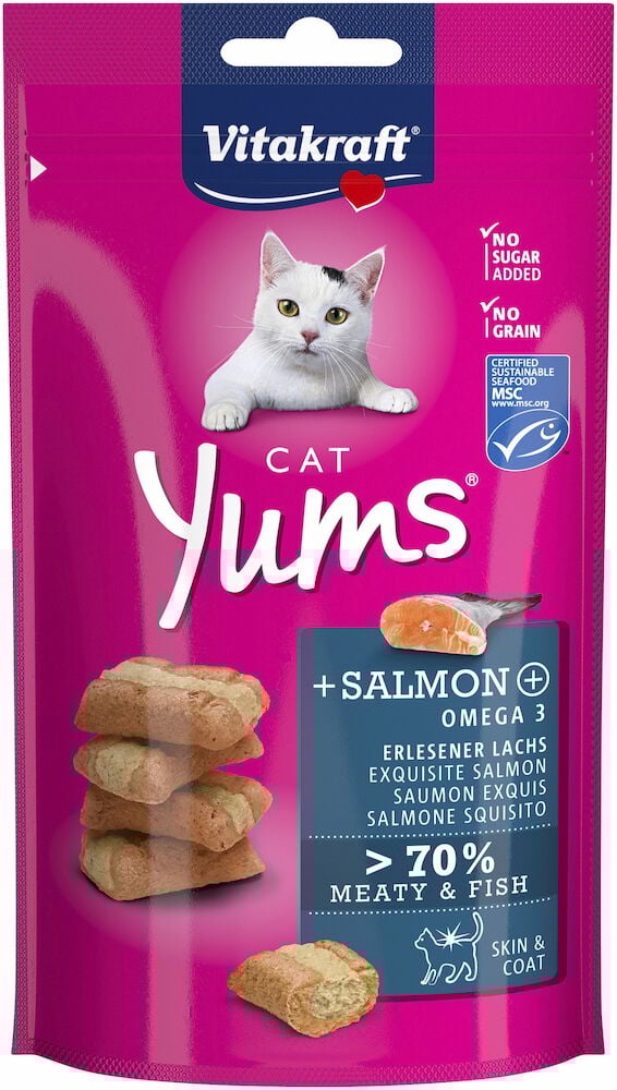 Rosa påse kattgodis med laxsmak och kattbild.