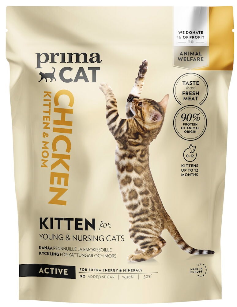 En påse torrfoder för kattungar med kattmotiv.