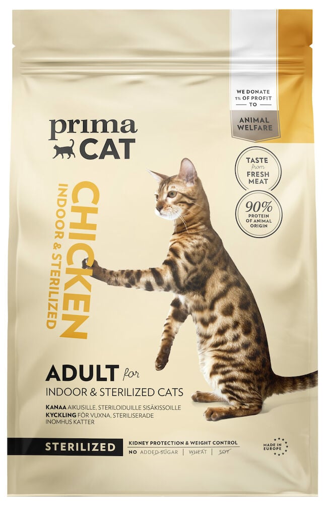 Förpackning med katt torrfoder PrimaCat kyckling 4 kg.