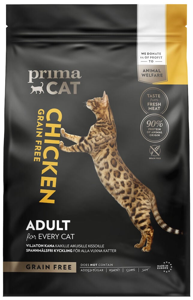 Svart påse torrfoder för vuxen katt med kyckling.