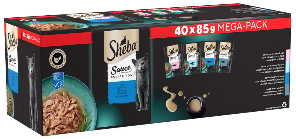 Kartong med Sheba våtfoder för vuxna katter.