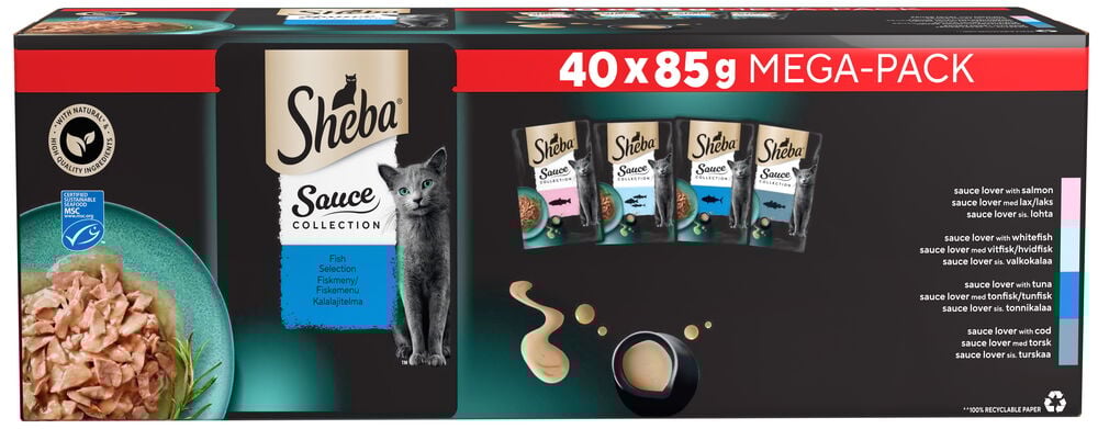 En förpackning Sheba kattmat med fyra smaker.