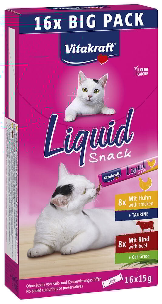 Rosa förpackning med två katter och text Liquid Snack.