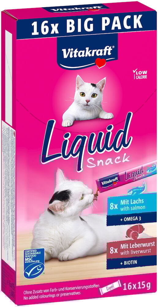 Rosa förpackning med två katter och text Liquid Snack.