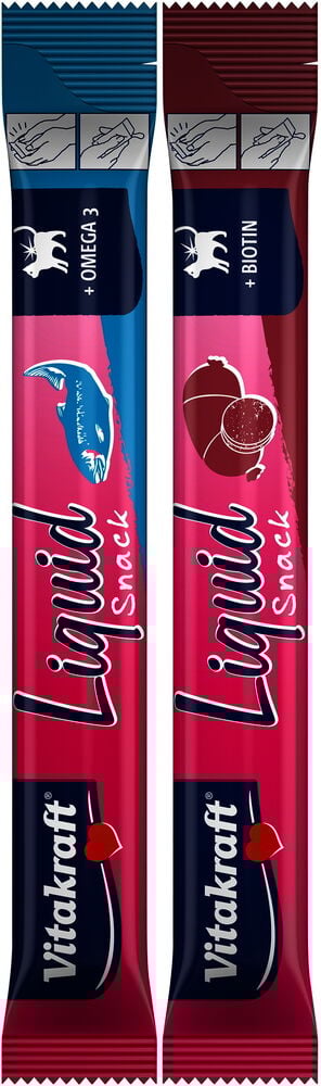 Två färgglada kattgodis-stick med lax och lever.