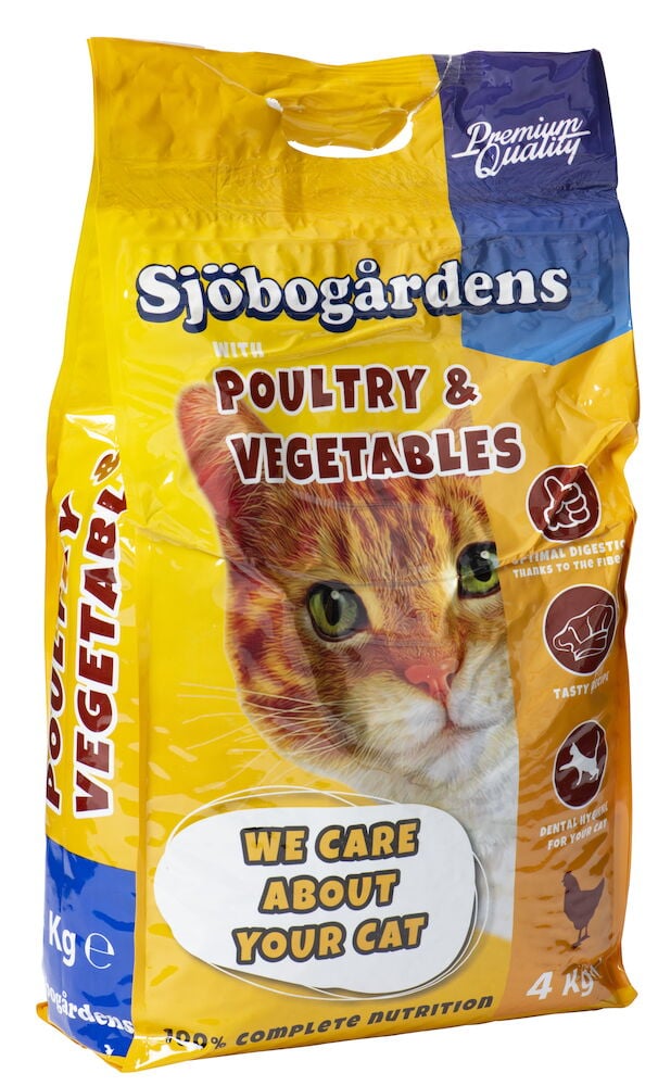 Gul påse kattmat med kattmotiv och text.