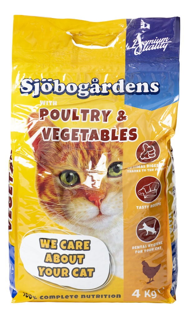 Gul påse torrfoder för katt med kattmotiv.