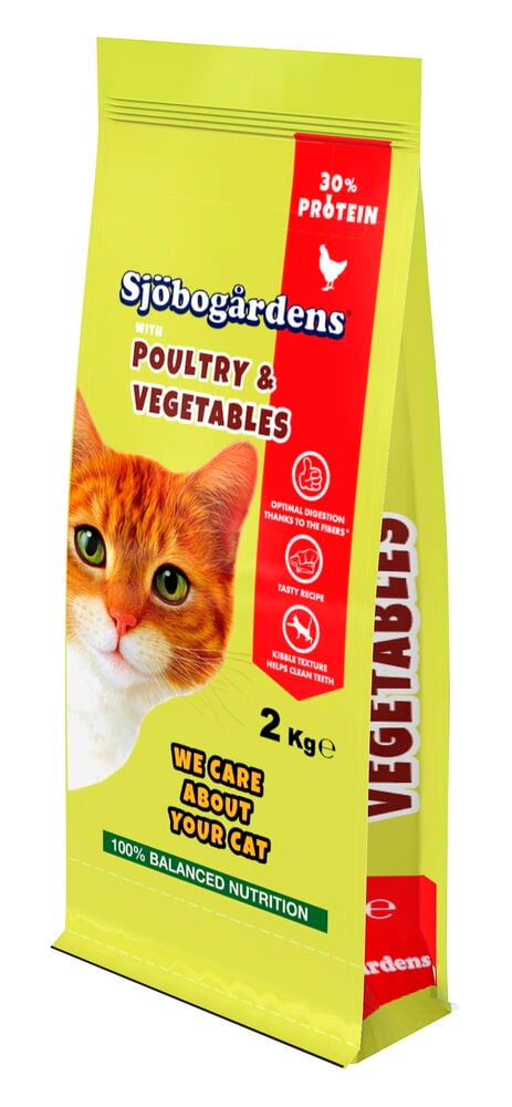 Torrfoder, katt Sjöbogårdens 2 kg Fågel & grönsaker, gul påse med kattansikte, röd rand och produktdetaljer.