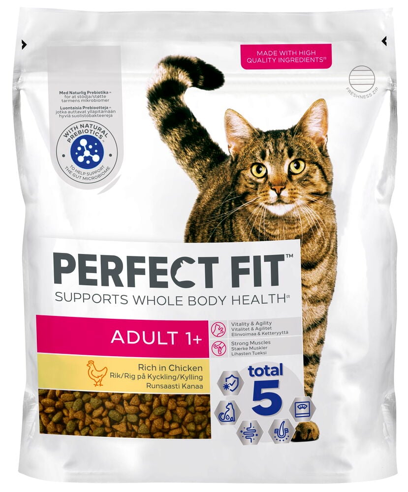 Valkoinen pussi Kissojen kuivaruoka Perfect Fit 1,4 kg Kana Aikuinen, kuvassa ruskea kissa.