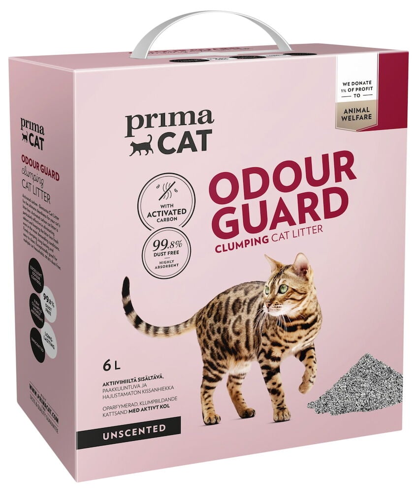 Rosa kartong med kattbild och text om kattsand.