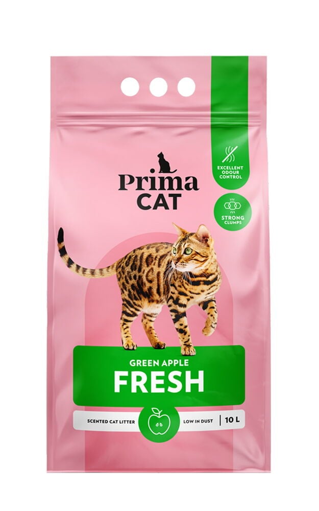 Rosa PrimaCat 10 L Fresh Apple Katzenstreu Beutel mit Bengalkatzenbild auf der Vorderseite.