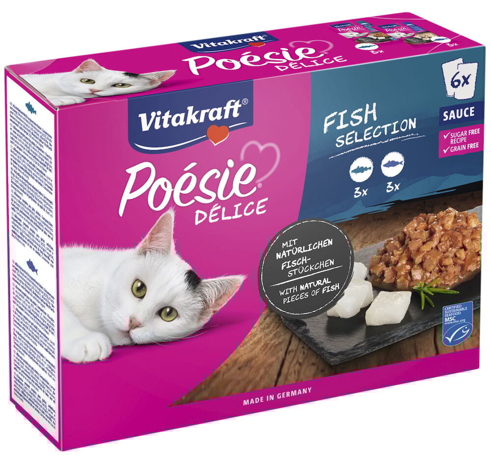 Rosa Packung Nassfutter, Katzen Poésie Delice, Fischauswahl, 6x, mit grafischer weißer Katze.