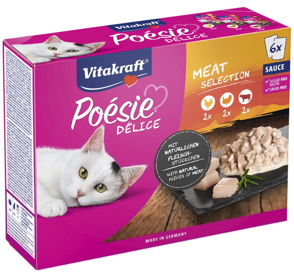 Magenta Vitakraft Poésie Delice Nassfutterbox für Katzen, 6x85g, Fleischauswahl, zuckerfrei, getreidefrei.