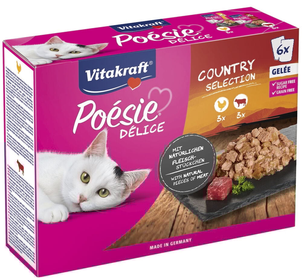Rosa Karton mit Poésie Délice Nassfutter für Katzen, 6x Huhn und Rind in Gelee, zuckerfrei, getreidefrei.