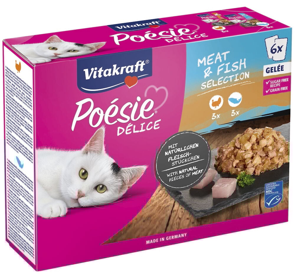 Nassfutter, Katzen Poésie Delice 6x85 g, rosa-blaue Packung mit Katze, Fleisch- und Fischstücken.
