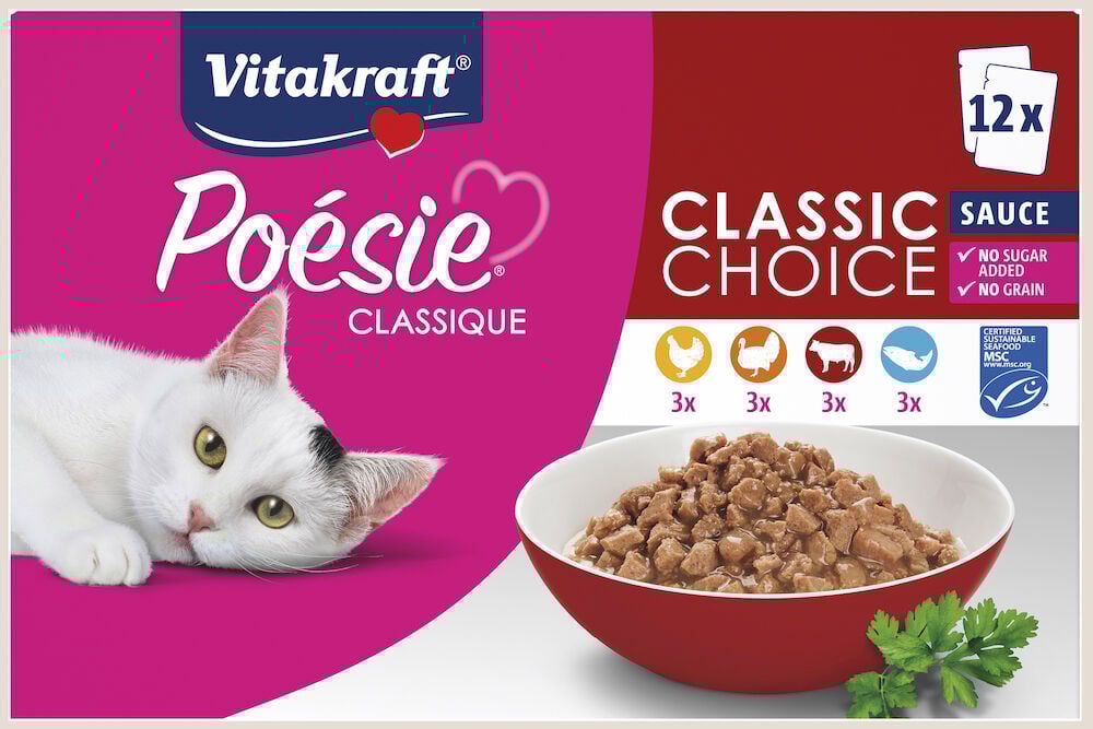 Eine rote Schale mit Nassfutter und eine weiße Katze.