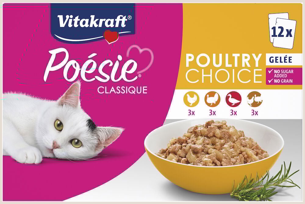 Katzenfutter in Gelee, vier Geschmacksrichtungen, Vitakraft Poésie.