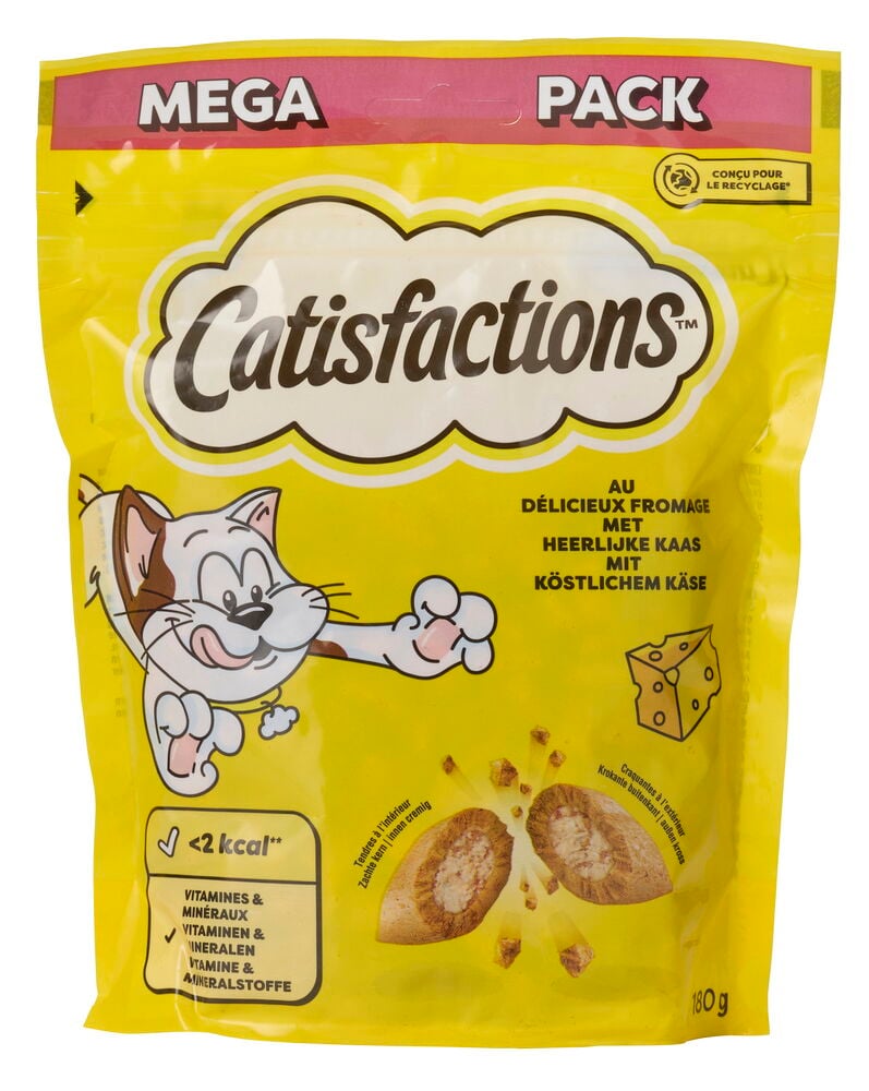 Katzensnack Catisfactions 180 g Cheese in einem gelben Beutel mit Katzengrafik und zerbrochenen Leckerlis.