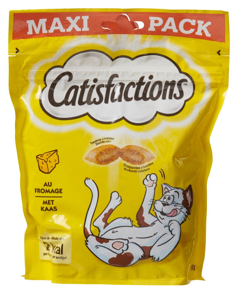 Gelbe Tüte Katzenleckerlis mit Käsegeschmack und Cartoon-Katze.