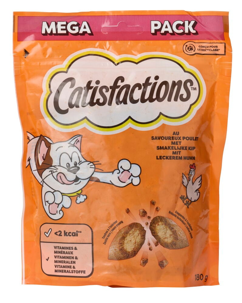 Orange Catisfactions 180g Katzensnack-Beutel mit Hühnergeschmack, mit Katzen- und Hühnerillustration.