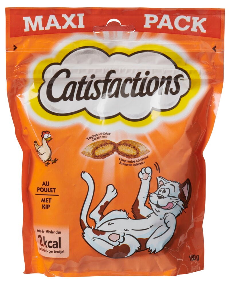Orange Tüte Katzensnacks mit Hühnchengeschmack und Cartoon-Katze.