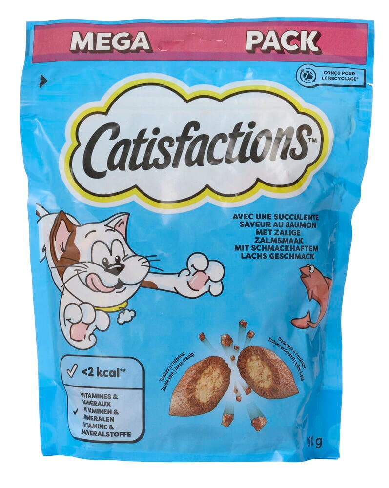 Blaue Catisfactions Katzensnack 180 g Lachs-Verpackung mit Cartoon-Katze und Leckerlis, Vorderansicht.