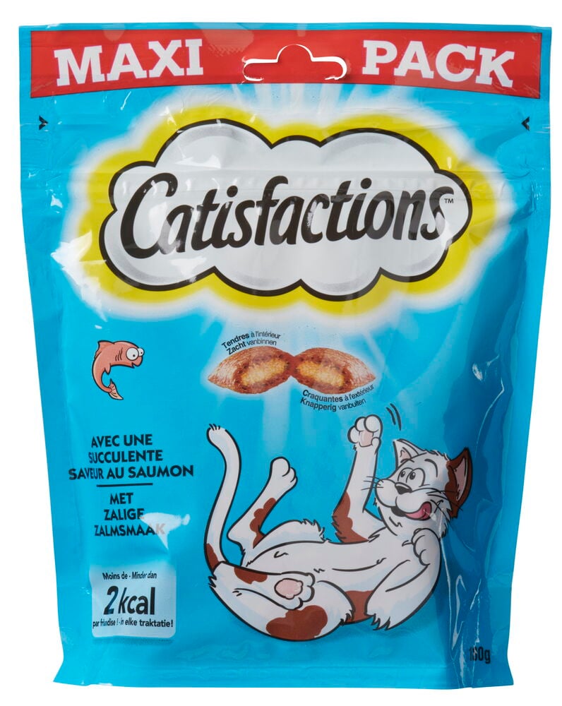Blaue Verpackung mit Katzensnack mit gezeichnetem Katze und Lachs.