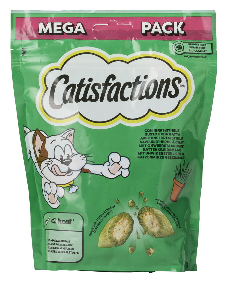 Grüne Packung Katzensnack Catisfactions 180 g Katzenminze mit Katze und Leckerlis mit cremiger Füllung.