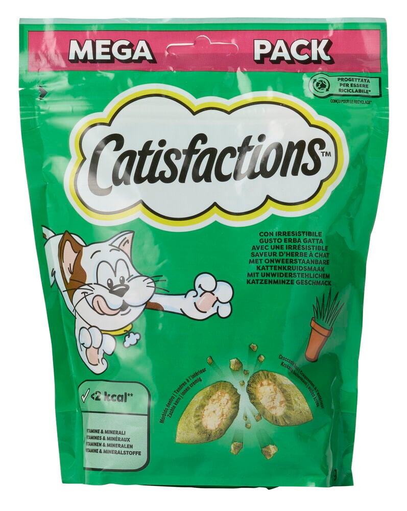 Grüne Packung Katzensnack Catisfactions 180 g Katzenminze mit Katze und Leckerlis mit cremiger Füllung.