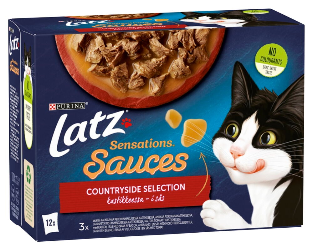 Sininen Latz 12x85g Sensations Sauces Countryside Selection kissojen märkäruokalaatikko kissakuvalla ja ruokakulholla.
