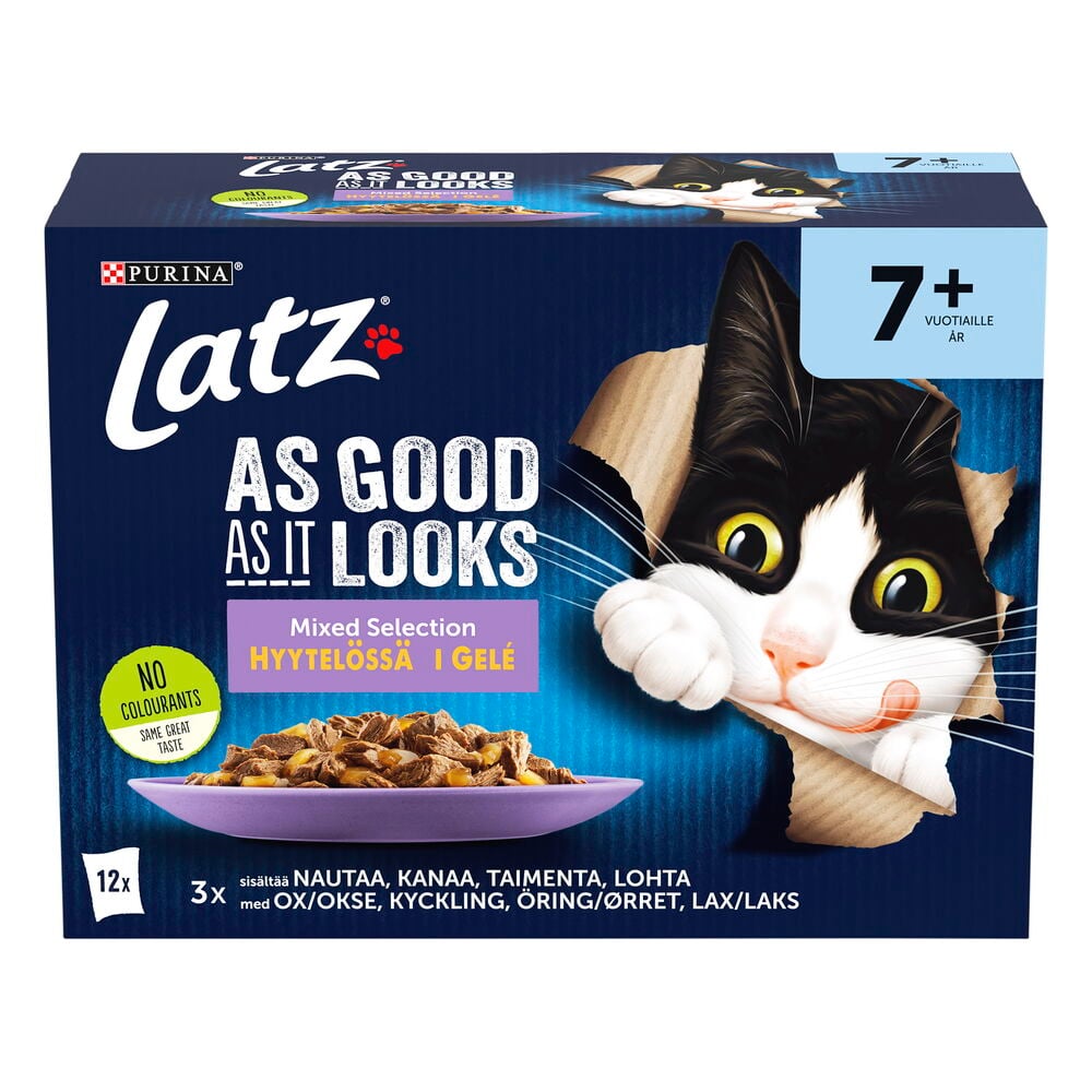 Sininen Latz 7+ Senior Mixed Selection Jelly -kissan märkäruokalaatikko, jossa on kuva kissasta.