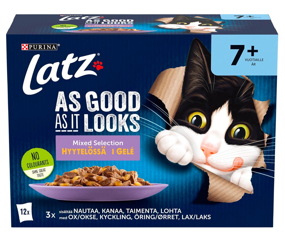 Kissojen märkäruoka Latz 12x85 g Senior Mixed Selection Jelly tummansinisessä pakkauksessa mustavalkoisella kissalla.