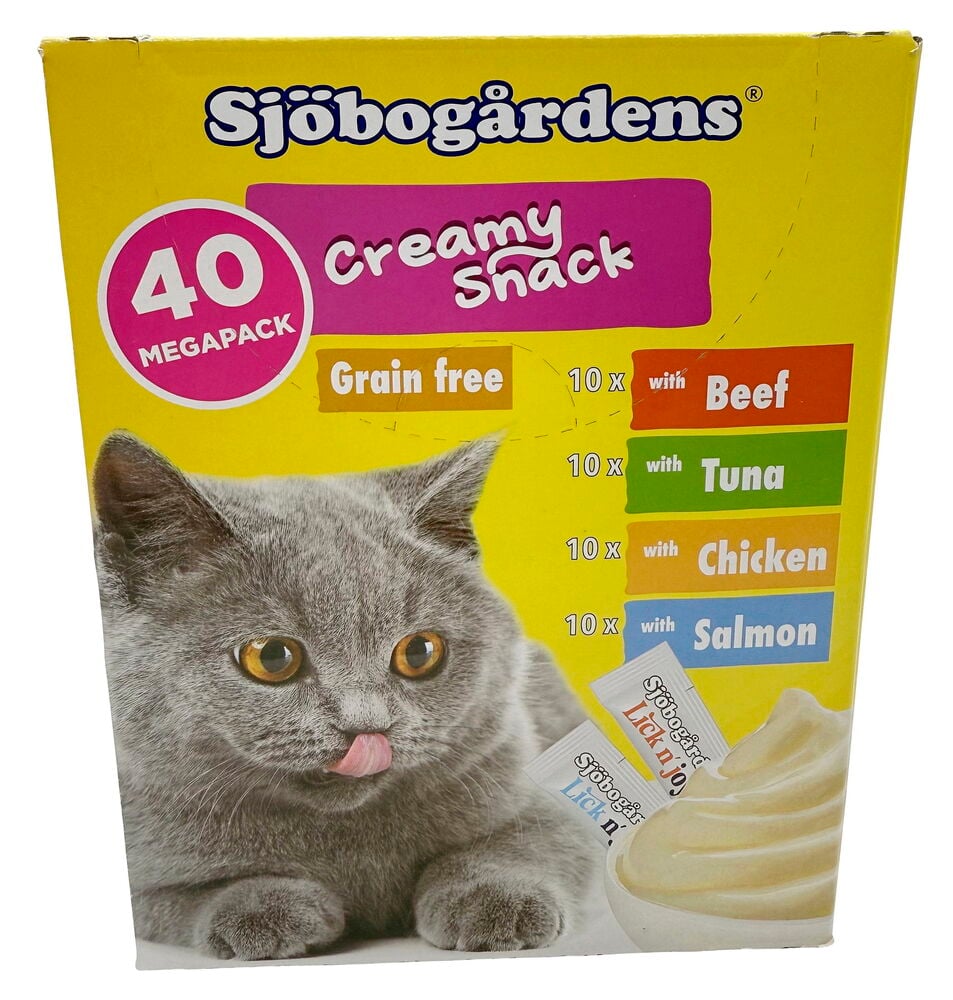 Kattgodis Sjöbogårdens Creamy Snack 40x15 g Olika smaker i en gul ask med en grå kattbild.