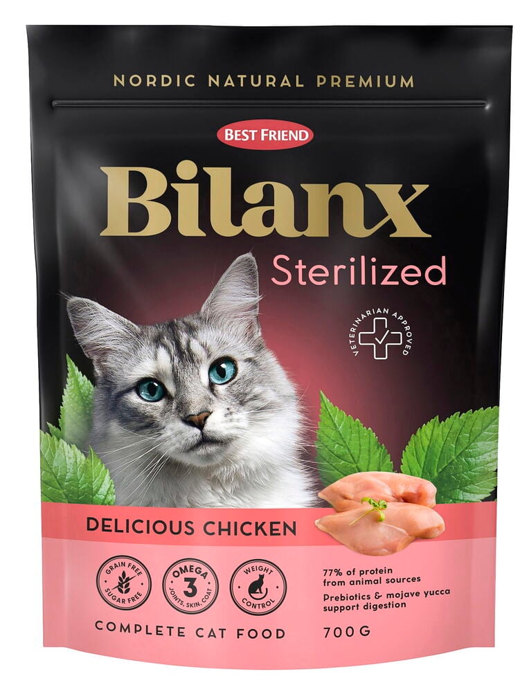 Svart og rosa pose Tørrfôr, katt Best Friend Bilanx 700 g Kylling Sterilisert, med katt og kylling.