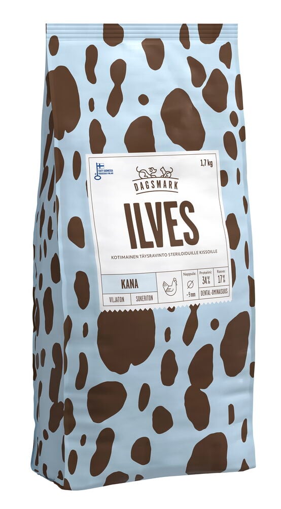 Kissojen kuivaruoka Dagsmark 1,7 kg Ilves Grain-Free chicken vaaleansinisessä pussissa ruskeilla täplillä.