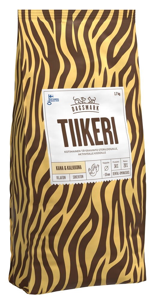 Dagsmark Tiikeri 1,7 kg viljaton kana/kalkkuna kissan kuivaruoka ruskea/beige tiikerikuvioisessa pussissa.