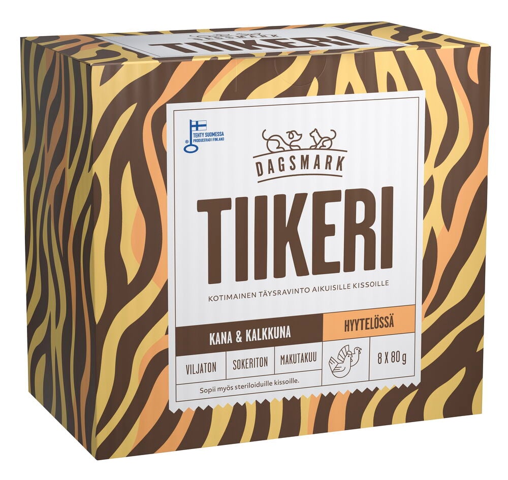 Ruskea-oranssi tiikerikuvioinen Dagsmark Tiikeri kissojen märkäruokalaatikko, 8x80g kanaa & kalkkunaa hyytelössä.