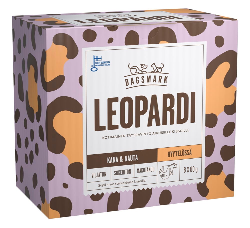 Leopardi Kissojen märkäruoka, 8x80g kanaa ja nautaa hyytelössä, violetti laatikko leopardikuviolla.