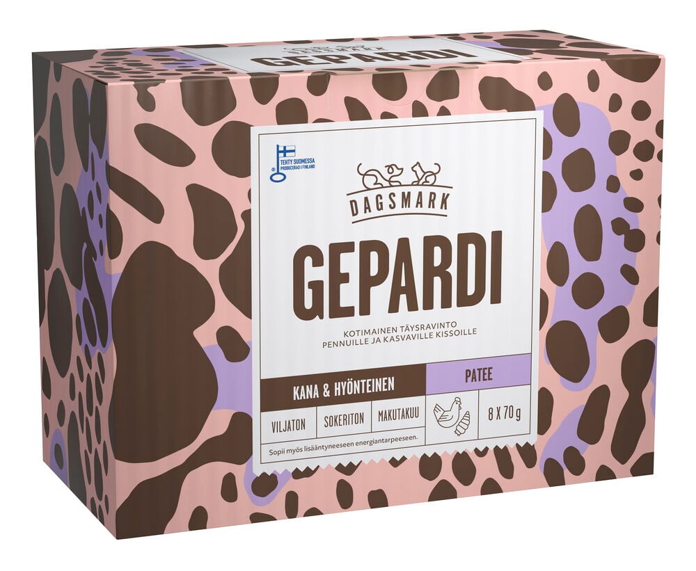 Kissojen märkäruoka Dagsmark 8x70 g Gepardi Chicken-Insects Pate laatikko, vaaleanpunainen ruskeilla/violeteilla täplillä, valkoinen etiketti.