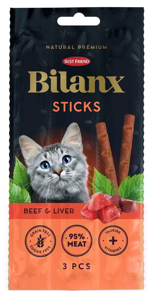 Svart og oransje pakke Kattegodbiter Bilanx Sticks 3x5 g Oxe & Lever med katt, kjøtt og godbiter.