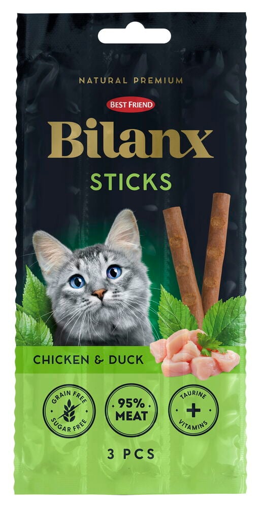 Kattegodbiter Bilanx Sticks 3x5 g Kylling & And, svartgrønn forpakning med en katt og godbitenes ingredienser.