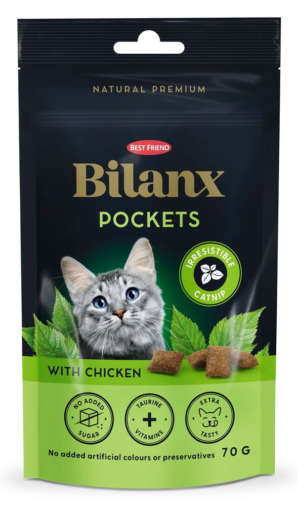 Kattegodbiter Bilanx Pockets 70 g Catnip Chicken i en svart og grønn pose med en katt og fôrbiter.