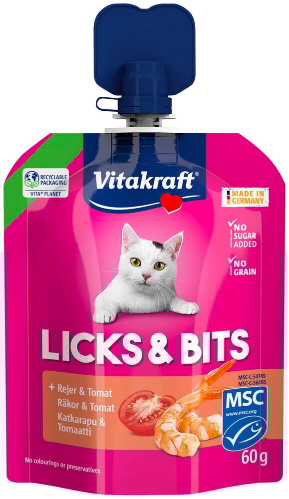 Kattegodbiter Vitakraft Licks & Bits 60g Reke i en rosa pose med en blå kork.