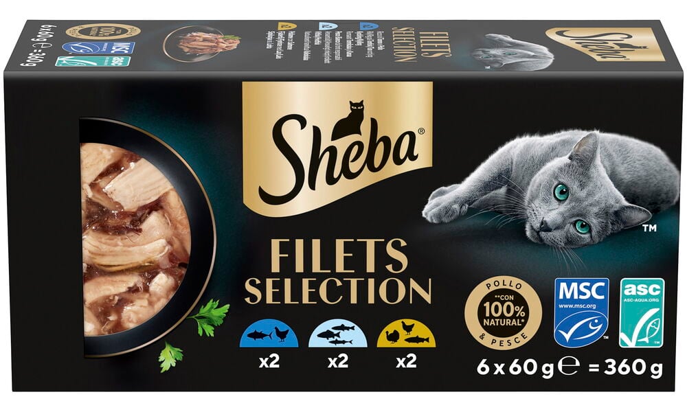 Svart Sheba Filets Selection våtfôrboks for katter med grå katt, tunfiskfileter og måltidsikoner.