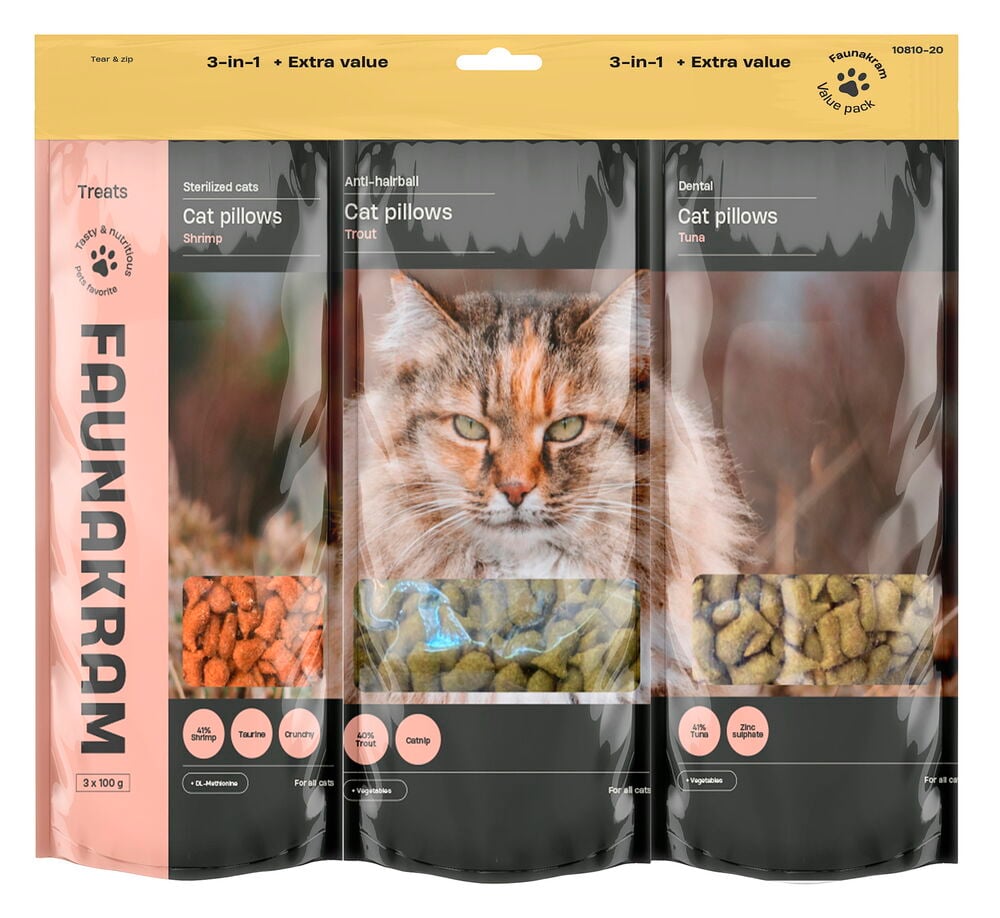 Kattegodbiter Faunakram 3-in-1 300 g Forskjellige smaker i gjennomsiktig multipakke med reke, ørret og tunfisk.