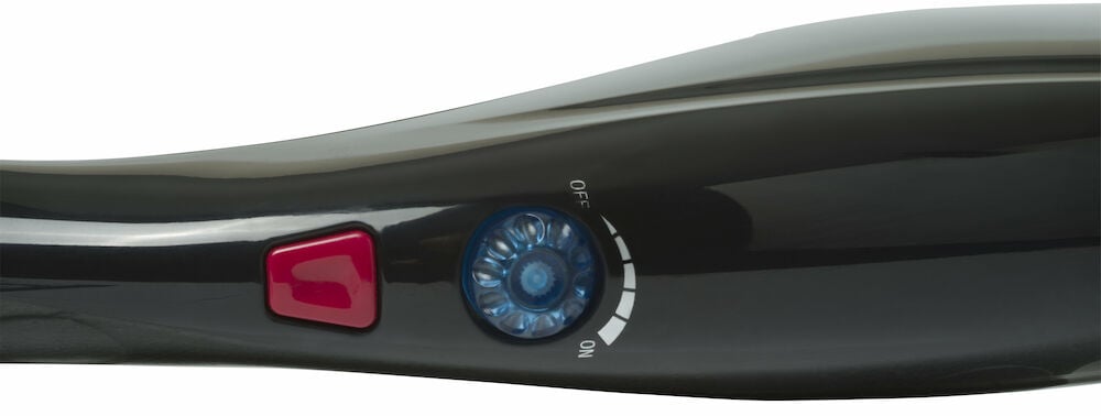 Svart massageapparat med blått vred och röd knapp.