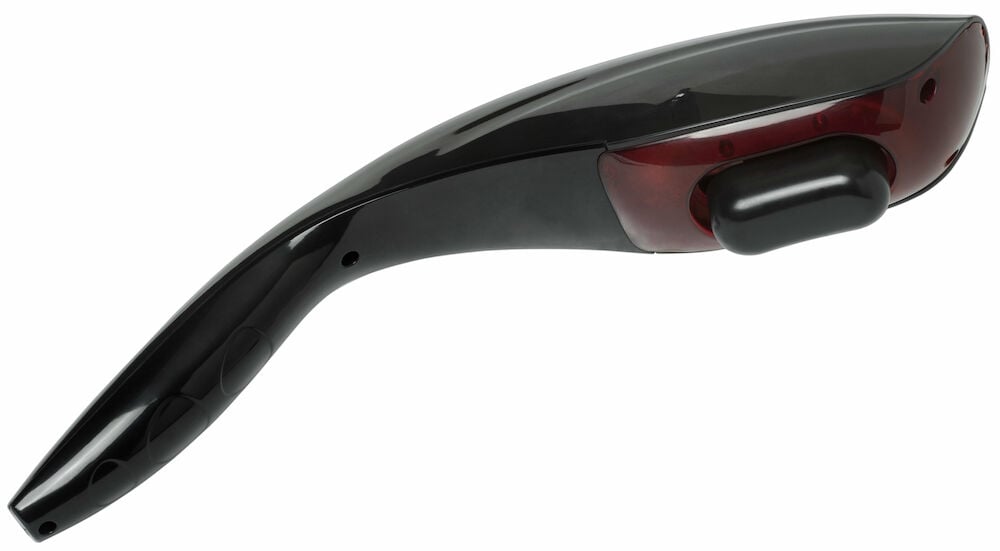 Musta, käsikäyttöinen hierontalaite, jossa on kaareva muotoilu.